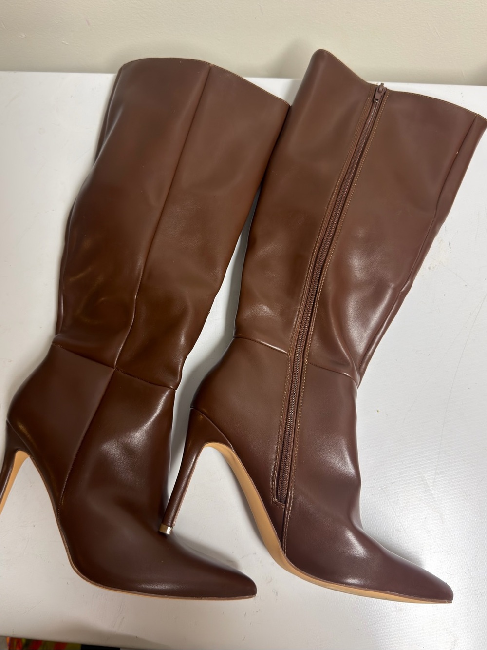 Women's Tall Brown Leather Pointed-Toe Stiletto Boots